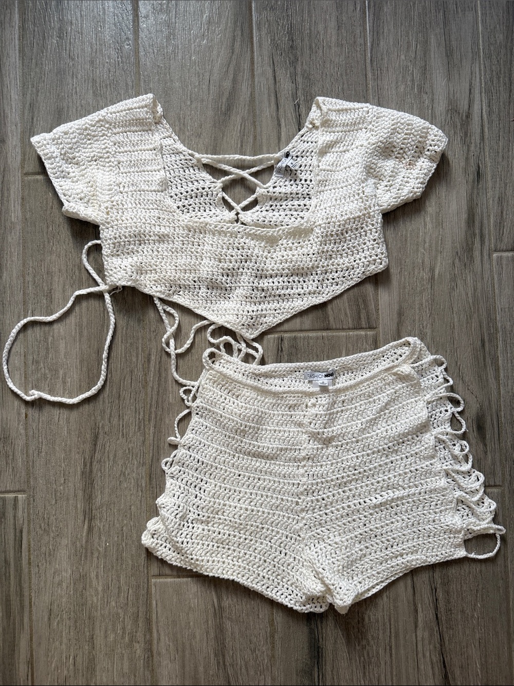 Fashion nova Crochet Two-Piece Set - Cream Crochet Top & Shorts